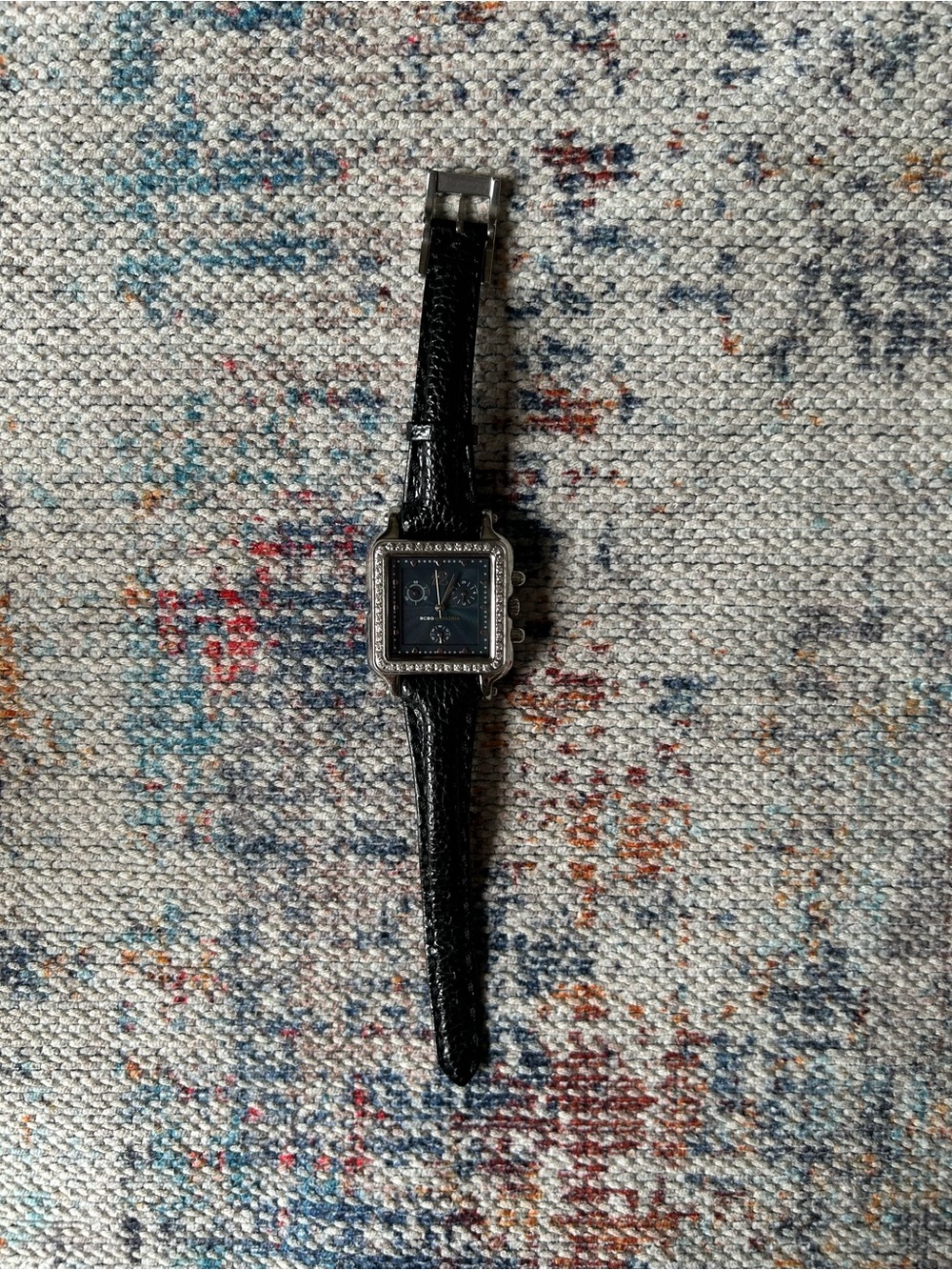 BCBGMAXAZRIA Silver Tone Sparkling Gem Black Genuine Leather Strap Watch